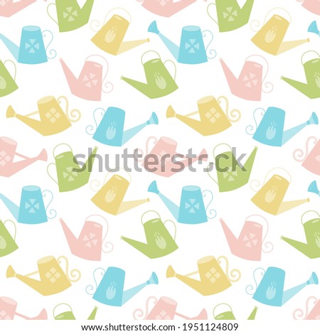 Vector Seamless Pattern with Watering Cans. SEamless Spring Gardening Background