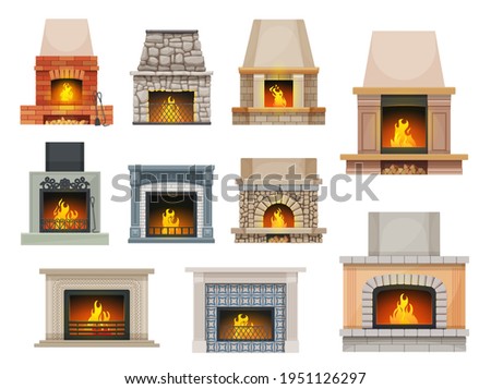 House fireplace with firewood flames. Home open cartoon vector hearth fireplaces made of bricks, stone and decorated ceramic tiles mantel, metal grates, poker and shove, wood chunks Royalty-Free Stock Photo #1951126297