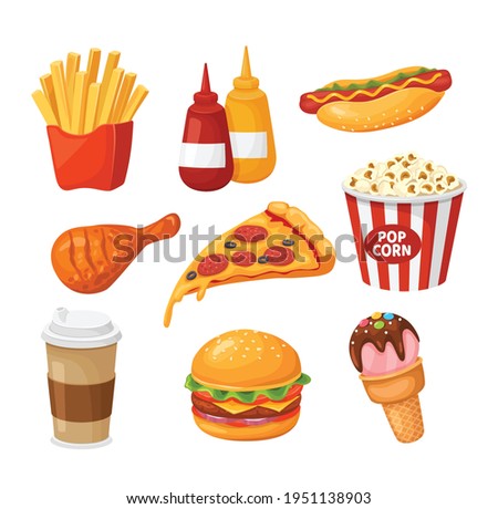 Fast food. Cartoon french fries, ketchup and hot dog, chicken and pizza, coffee and burger, popcorn and ice cream. Takeaway junk food vector set. Hot drink, bottles of sauce and tasty meal