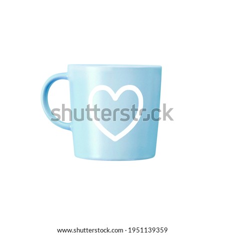 Blue mug with heart print on it isolated on white background with clipping path. 