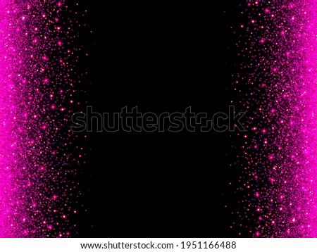 Pink glitter sparks on a black background. Shiny confetti with glowing lights. Vector illustration.
