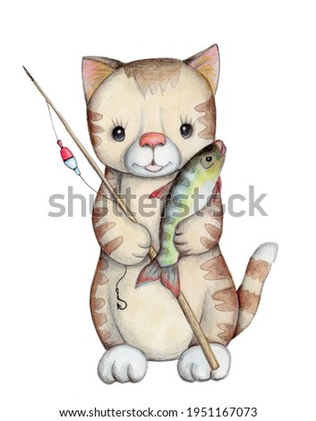 Cute cartoon gray cat with fish. Hand drawn watercolor illustration, sketch, icon, print. Isolated on white background.
