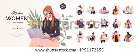 Yong modern women characters set. Working, education and shopping concept. Beautiful female characters Using Laptops, sitting in cafe and go shopping. Vector set Royalty-Free Stock Photo #1951172155