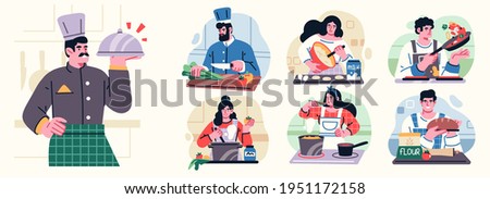Different People Cooking in the Kitchen Set, Professional Chefs Characters. Young Men and Women Cooking. Vector illustration Royalty-Free Stock Photo #1951172158
