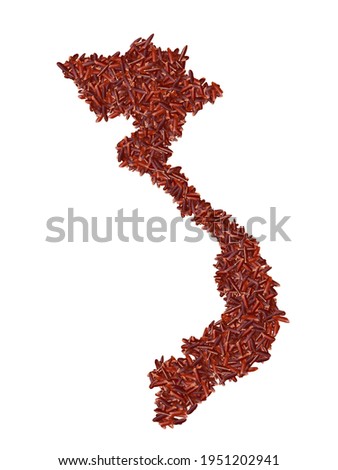 Map of Vietnam made with red rice grains on a white isolated background. Export, production, supply, agricultural or health concept.