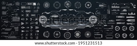 Mega set futuristic HUD, hi-tech elements. Statistics and data, information infographic. Big collection GUI elements for VR, UI design sights, buttons, loading indicators, footnotes. Vector Royalty-Free Stock Photo #1951231513