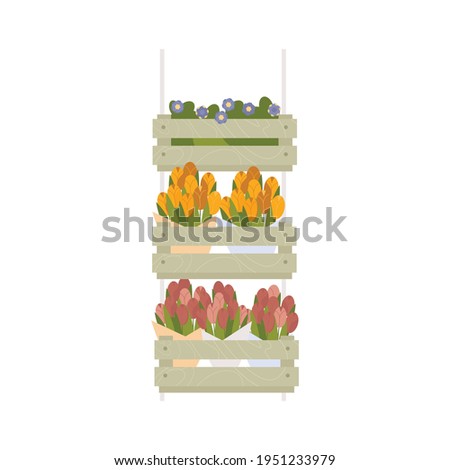 Floristics flat composition with isolated image of colorful flowers in boxes for sale on blank background vector illustration