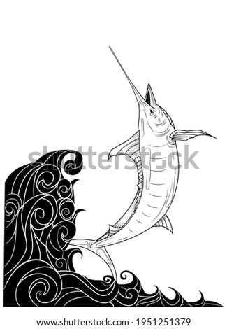 swordfish jumps out of the water against the backdrop of the red sun. black and white illustration