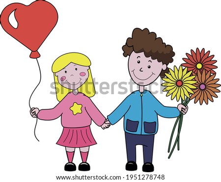 a girl with a balloon and a boy with flowers are holding hands