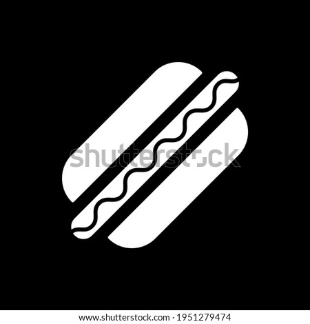 American hot dog dark mode glyph icon. Street food. Unhealthy eating. Fast food. Cooked sausage with ketchup in bun. White silhouette symbol on black space. Vector isolated illustration