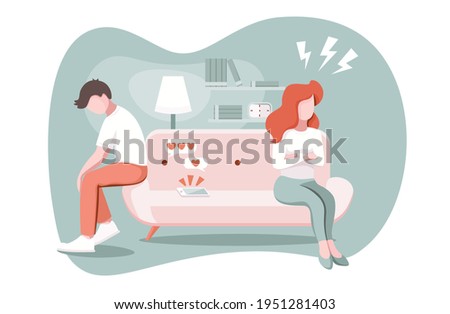 Divorce, breakup, ignore concept. Married couple argument, man and woman in a quarrel and misunderstanding, ignore each other in apartment. Suspicion of treason. vector illustration Royalty-Free Stock Photo #1951281403