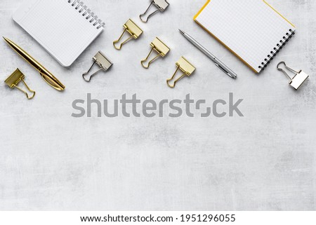 Layout of office supplies and stationery, top view