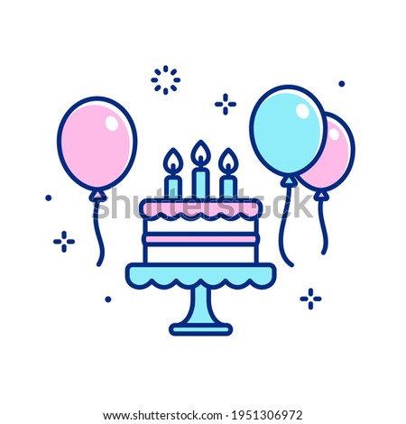 Cartoon birthday cake with candles and balloons. Simple flat style icon. Happy birthday greeting card, party celebration. Isolated vector clip art illustration.