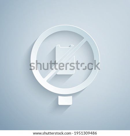 Paper cut No cell phone icon isolated on grey background. No talking and calling sign. Cell prohibition. Paper art style. Vector