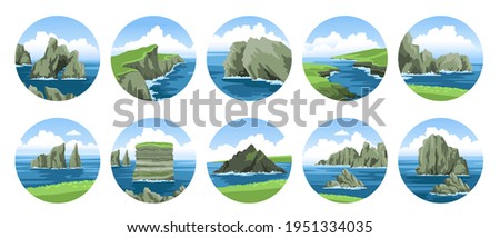 Big collection of simple hand-drawn vector illustrations with sea and rocks, cliffs, stones, coasts, sea capes. Ocean and sea nature landscape with fluffy clouds. Scenic view.  Royalty-Free Stock Photo #1951334035