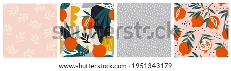 Collage contemporary garnet, pomegranate floral and polka dot shapes seamless pattern set. Modern exotic design for paper, cover, fabric, interior decor and other users. Royalty-Free Stock Photo #1951343179