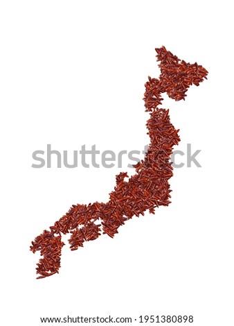 Map of Japan made with red rice grains on a white isolated background. Export, production, supply, agricultural or health concept.