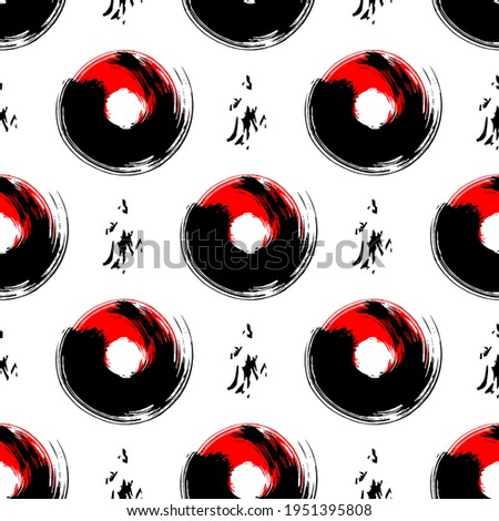 Abstract Japanese style seamless pattern with black and red circle brush strokes and fake hieroglyph-like ornament isolated on white background. Ink grunge texture. Vector wallpaper.	