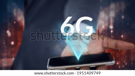 Composition of the word 6g over a man holding a smartphone in background. global technology, digital interface, connection and communication concept digitally generated image