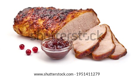 Baked pork roast, spicy glazed meat, isolated on white background. High resolution image.