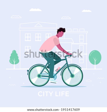 Young men and drive bicycle, eco city transportation in public park. Personal electric transport, green bike. Ecological vehicle, city life concept