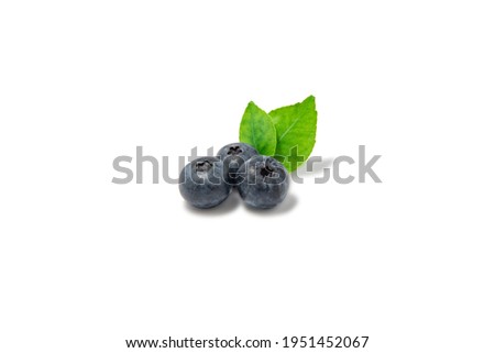 Blueberry isolated on white background. Fresh blueberries with green leaves.