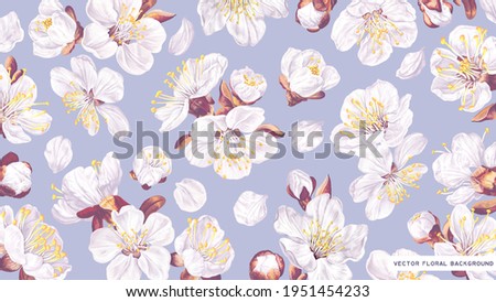 Floral wallpaper for screen desktop on computers, laptops and tablets. Realistic flowers in pastel colors, background for banners, covers and posts in social networks. Vector sakura on blue background