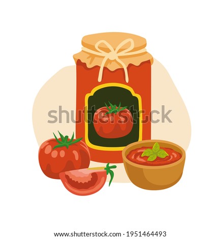 Canned homemade tomato sauce. Classic italian dressing with basil in a wooden bowl. Vector hand-drawn illustration; isolated on white background.