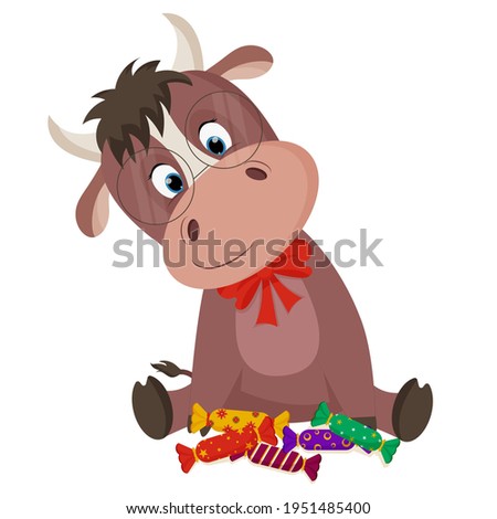 Cute cartoon bull with glasses and candy. 