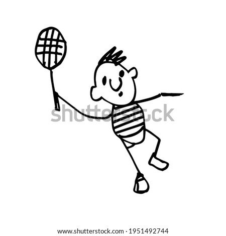 Badminton player. Hand-drawn funny character. Stick figure. A simple doodle illustration. Vector