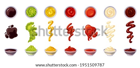 Sauces in bowls, soy sauce, ketchup, mayonnaise, wasabi, hot chili, mustard, bbq, splash strips, drops and spots. Vector illustration. Royalty-Free Stock Photo #1951509787