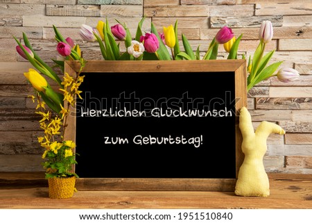 Tulip, Brick Wall, Blackboard, Glueckwunsch Zum Geburtstag Means Happy Birthday