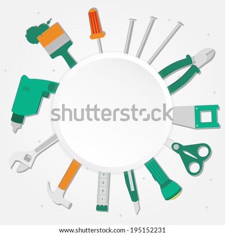Twelve building tools: brush, screwdriver, nails, pliers, saw, scissors, flashlight, stiletto, measuring tape, hammer, wrench, drill. Editable. Construction tools with copy space.