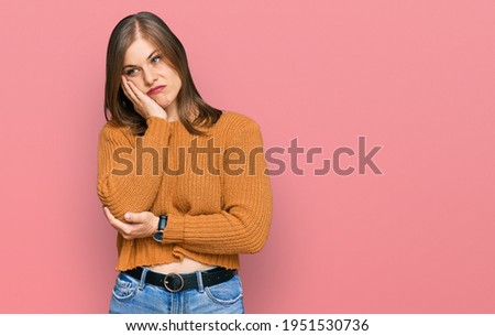 Beautiful caucasian woman wearing casual clothes thinking looking tired and bored with depression problems with crossed arms. 
