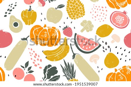 Seamless Creative Pattern with Fruits, Vegetables and Seeds. Healthy Food Background isolated on white. Super food. Vector illustration. Royalty-Free Stock Photo #1951539007