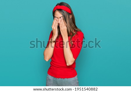 Young brunette woman wearing casual clothes rubbing eyes for fatigue and headache, sleepy and tired expression. vision problem 