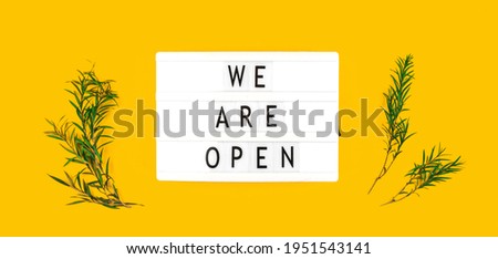 Creative We are open sign template, banner with text message, notification of the end of COVID 19 pandemic