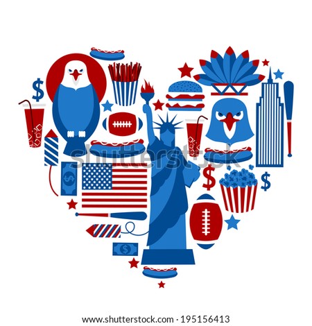 New York USA love travel concept with eagle hamburger cola baseball bat vector illustration