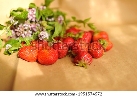 Photo of juicy red fresh strawberry with green mint flowers on craft paper. Edible still life. Diet ingredients.