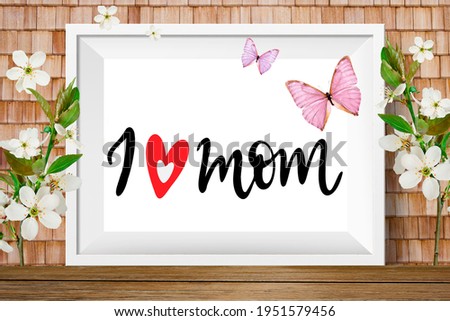 I love mom. Happy Mother's Day card or banner with butterflies and white cherry flowes