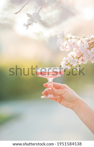 A glass of pink champagne in a woman's hand against the background of a blooming garden.