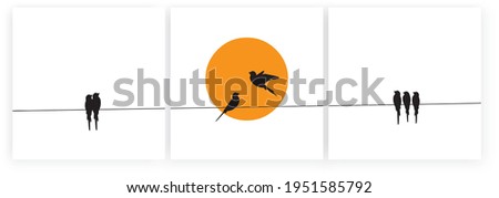 Birds on wire and flying bird silhouette on sunset, vector. Scandinavian minimalism art design. Birds illustration isolated on white background. Wall art, artwork, poster design. Freedom concept