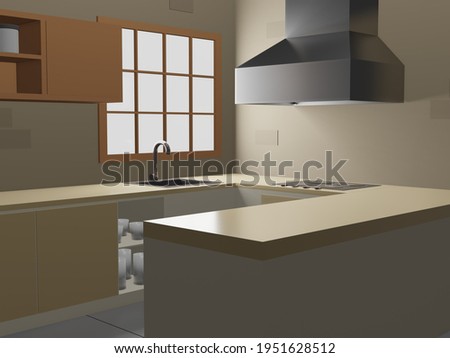 3d rendering of a kitchen with milo colors