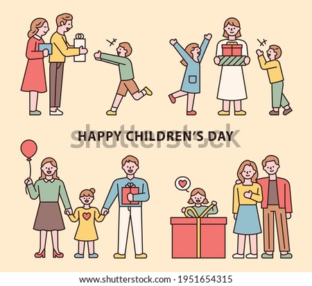 Parents and happy children giving gifts to children on Children's Day. flat design style minimal vector illustration.