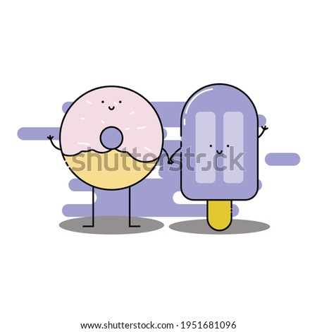 Cute donut and ice cream hold hand Illustration. modern simple food vector icon, flat graphic symbol in trendy flat design style. Food character.