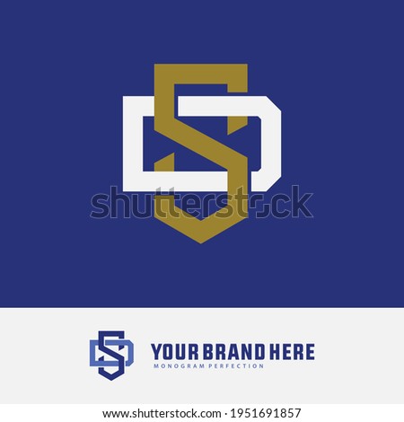 Initial letters S, D, SD or DS overlapping, interlock, monogram logo, white and gold color on blue background