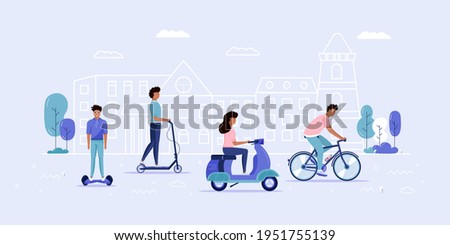 Men and women drive eco city transportation in public park. Personal electric transport, green electro scooter, hoverboard,  gyroscooter, unicycle and bike. Ecological vehicle, city life concept