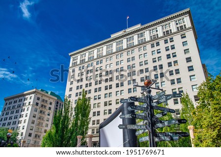 Portland, Oregon. Distance signs to major city in Downtown Portland.