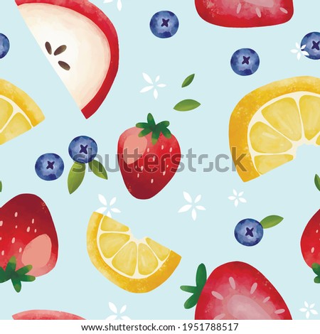 Seamless vector pattern with tropical fruits bright illustration floral berries kiwi strawberry blueberry passion fruit