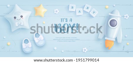 Baby shower horizontal banner with cartoon rocket, shoes, helium balloons and flowers on blue wooden background. It's a boy. Vector illustration Royalty-Free Stock Photo #1951799014